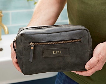 Reworked Black Buffalo Leather Wash Bag - Personalised Leather Washbag - Toiletry Bag - Travel Bag - Men's Wash Bag - Dopp Kit Bag