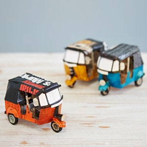 Recycled Newspaper Tuk Tuk Decorative Ornaments Indian Bicycle Gift For Travellers Colorful Gift Eco Friendly Gift Home Décor Orange