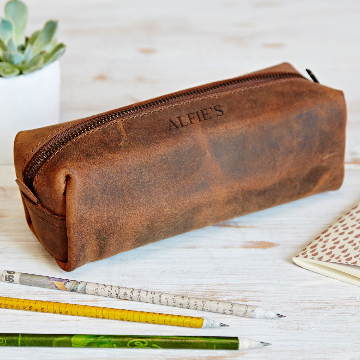 Personalised Buffalo Leather Square Pencil Case - Personalized Zipper…
