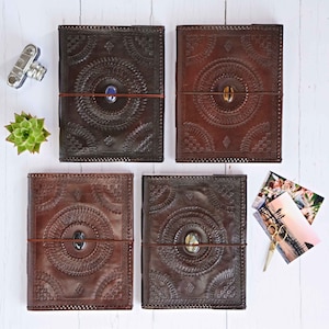 Álbum de fotos de cuero labrado XL hecho a mano - Álbum de fotos con piedras semipreciosas - Álbum de recortes de cuero grande - Álbum de bodas en relieve