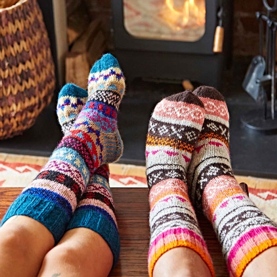 Fair Trade Hand Knitted Fairisle Stripy Woollen Socks Multiple Colours  Knitted Nordic Woolly Slipper Socks 2 Sizes 100% Wool 