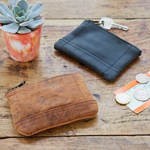 Porte-monnaie en cuir de buffle avec porte-clés - Porte-monnaie zippé avec compartiment pour cartes ou billets - Porte-monnaie en cuir souple - Marron ou noir