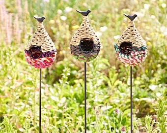 Mini Teardrop Recycled Cotton Birdhouse Stake - Outdoor Garden Decoration - Recycled Material - Small Bird Nest