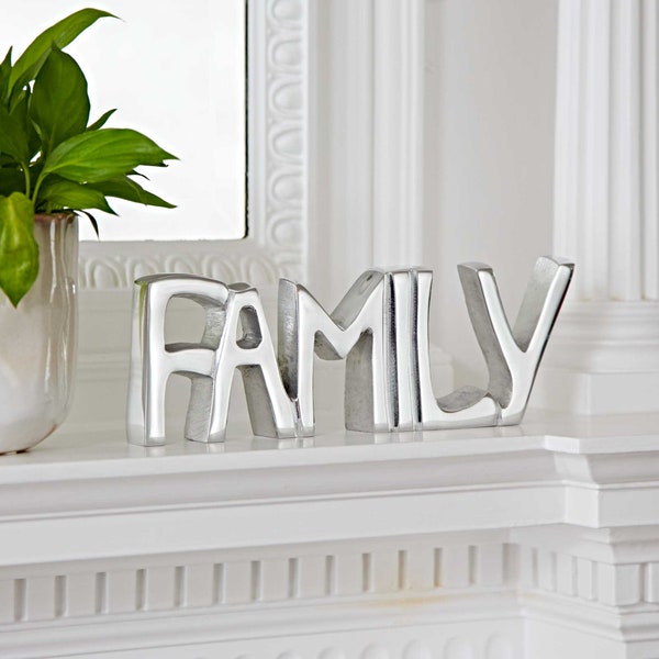 Recycled Metal FAMILY Sign - Free Standing Metal Letters - Shelf Sign - Mantelpiece Decor - Table Top Decoration - Home Decor