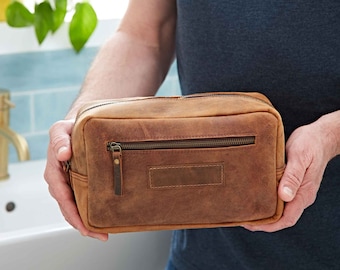 Reworked Buffalo Leather Wash Bag - Personalised Leather Washbag - Toiletry Bag - Travel Bag - Men's Wash Bag - Dopp Kit Bag