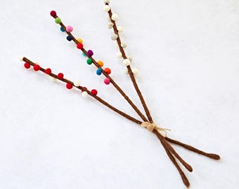 Pack of 3 Felt Handmade Pussy Willow Catkins - Felt Flower Bouquet - Multicoloured, Red and White