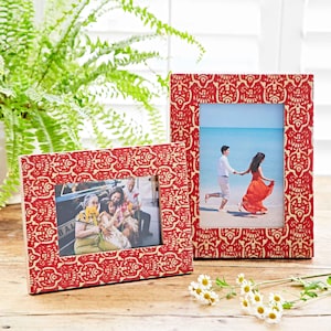Red Floral Mango Wood Photo Frame - 4x6 Picture Frame - 5x7 Photo Frame - Colourful Frame - Sustainable Frame