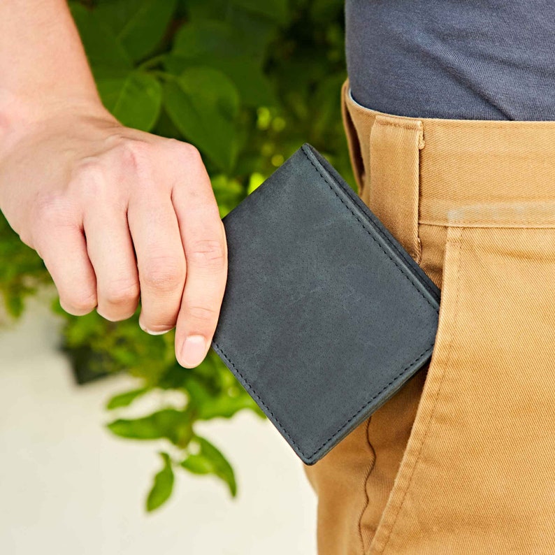 Cartera personalizada de piel de búfalo negra hecha a mano - Tarjetero personalizado - Tarjetero y monedero - Regalo personalizado para él imagen 6