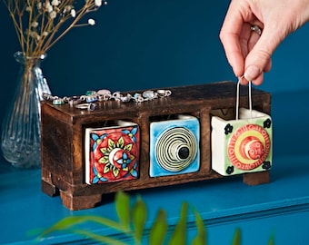 Hand Painted Ceramic 3-Drawer Chest: Mango Wood Jewellery Storage