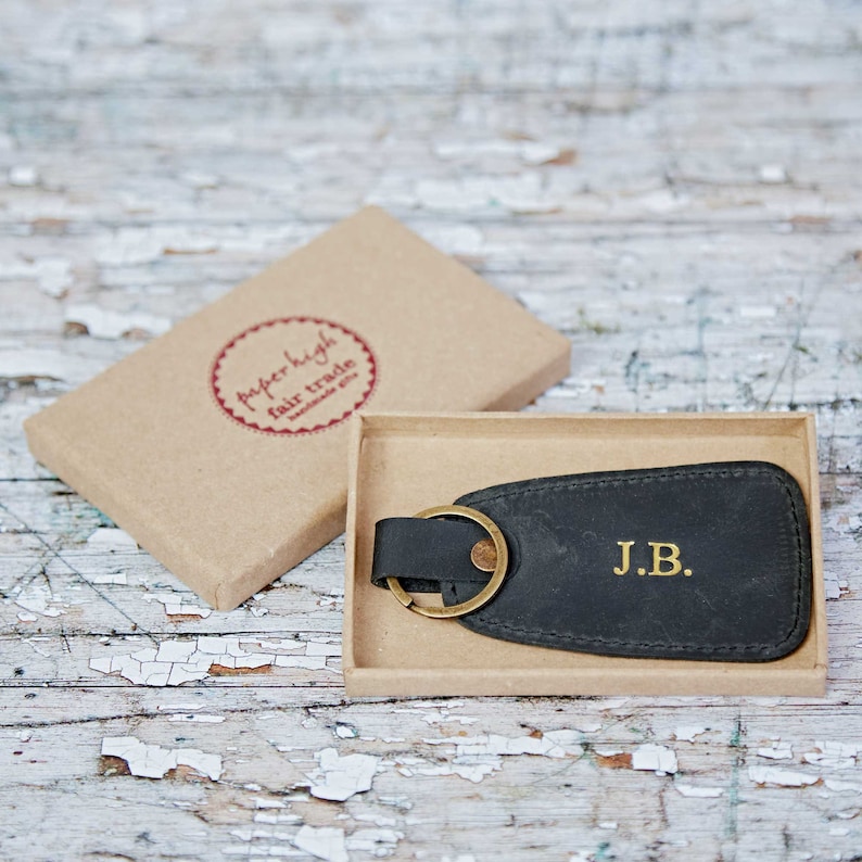 Personalised Black Buffalo Leather Tag Keyring Embossed Personalized Keychain Gift Recycled Leather Key Fob Initials Black Keyring image 5