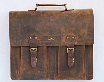 Reworked Personalised Brown Buffalo Leather Satchel Briefcase: Vintage Style Commuter Bag