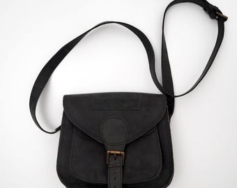 Reworked Personalised Black Buffalo Leather Curved Saddle Bag: Crossbody Handbag