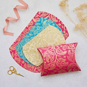 Cajas de almohada con estampado de cachemira - 3 tamaños - Caja de regalo navideña perfecta - Envoltura de regalos - Colores vibrantes - Hechas a mano - Comercio justo