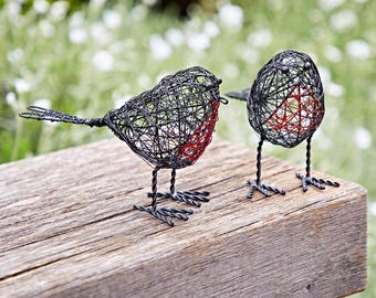 Set of Two Wire Robin Decorative Ornament: Handmade Metal Bird Sculpture, Garden Decor