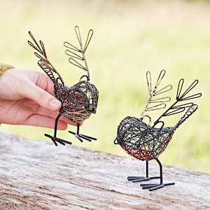 Set von zwei kleinen dekorativen Ornamenten aus Draht für geflügelte Rotkehlchen - Außen oder Innen - Metallskulptur - Für den Garten - Rot- und Goldbrust-Rotkehlchen