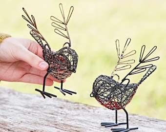 Set of Two Small Wire Winged Robin Decorative Ornament: Handmade Bird Sculpture, Garden Decor