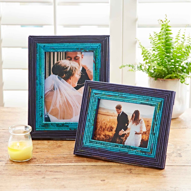 Recycled Newspaper Photo Frame 6x4, 7x5 & 10x8 Picture Frame Paper Colourful And Unique Photo Frame Sustainable Picture Frames Dark Blue/Light Blue