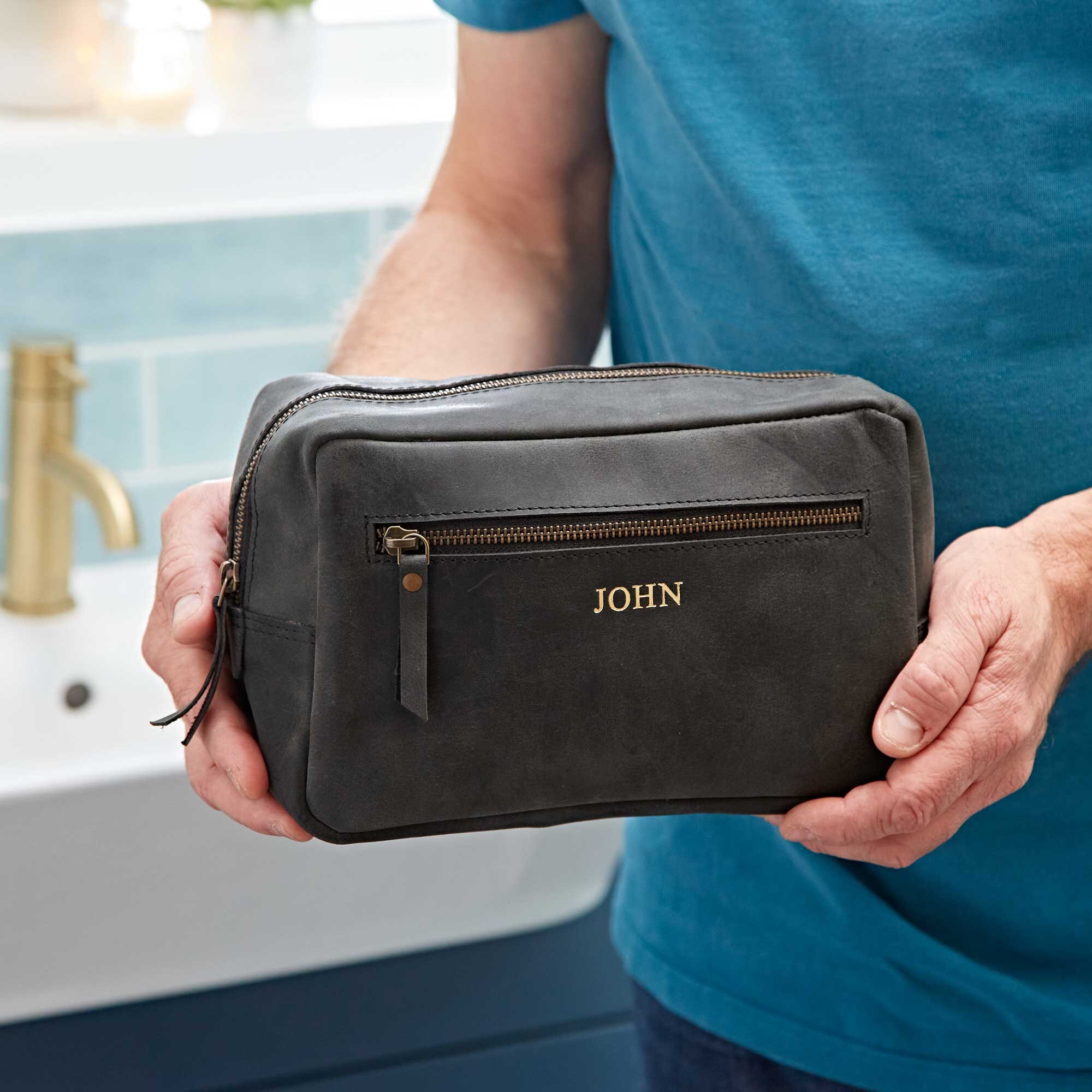 Personalised Black Buffalo Leather Wash Bag Toiletry Bag 