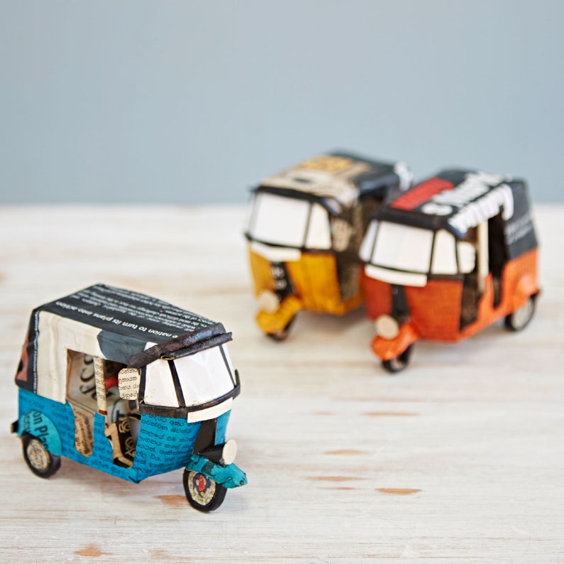Recycled Newspaper Tuk Tuk Decorative Ornaments Indian Bicycle Gift For Travellers Colorful Gift Eco Friendly Gift Home Décor Blue