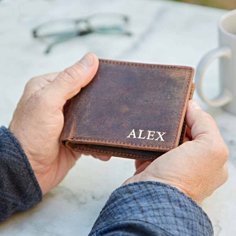 Personalised Handmade Buffalo Leather Wallet Coin Wallet Bi-Fold Wallet Cash And Coin Holder Personalized Gift for Him image 1