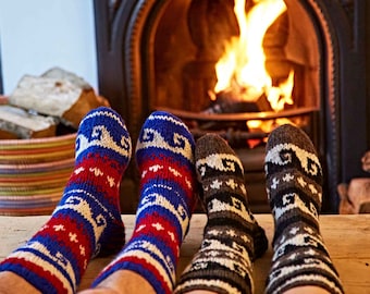 Fair Trade Hand Knitted Scandi Stripy Woollen Socks - UK 8 - 12 - Knitted Woolly House Socks - 100% Wool