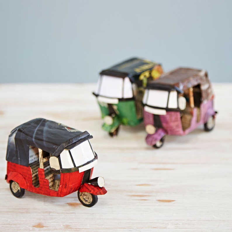 Recycled Newspaper Tuk Tuk Decorative Ornaments Indian Bicycle Gift For Travellers Colorful Gift Eco Friendly Gift Home Décor Red