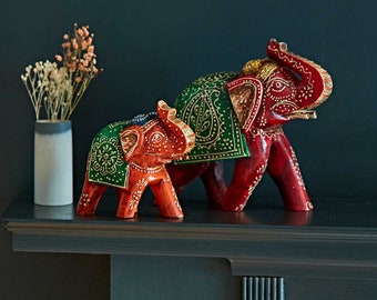 Colourful Antique Style Elephant - Elephant Mango Wood Carving - Lucky Elephant Sculpture - Standing Elephant Figurine - Bohemian Décor