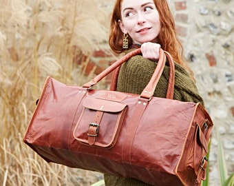 Reworked Personalised Recycled Leather Weekend Bag - Extra Large Brown Leather Gym Holdall - Duffle Bag - Overnight Travel Bag for Him