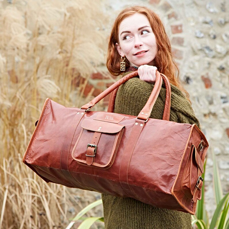 Reworked Personalised Recycled Leather Weekend Bag Extra Large Brown Leather Gym Holdall Duffle Bag Overnight Travel Bag for Him image 1