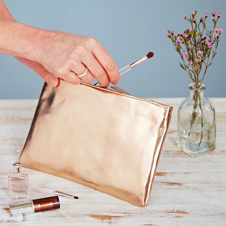 Personalised Metallic Makeup Bag Cosmetic Bag Metallic Coin Purse Vegan Friendly Rose Gold