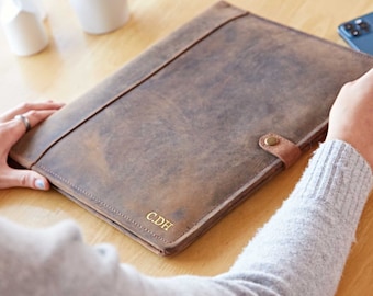 Portfolio personnalisé en cuir de buffle effet vieilli : organiseur de documents A4