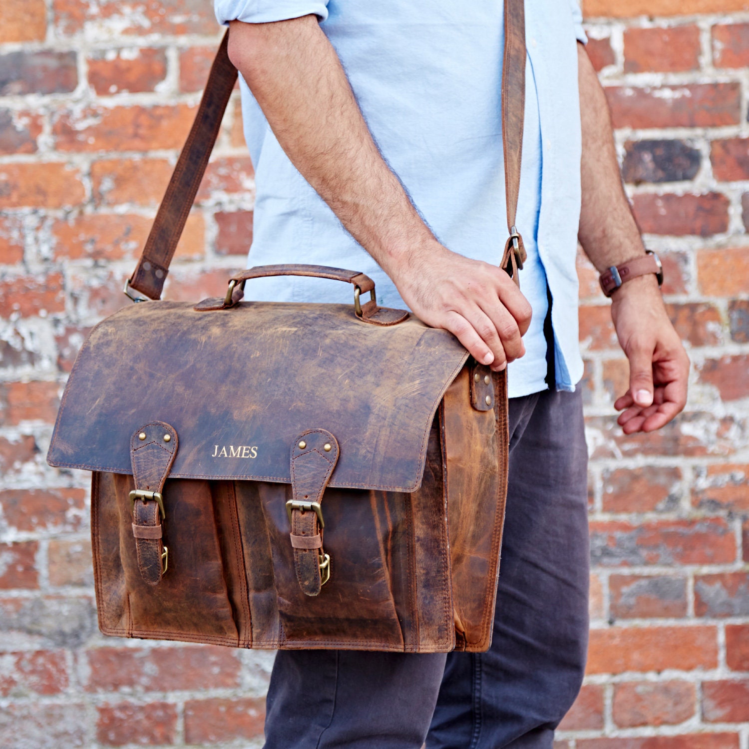 Leather Messenger Men's Shoulder Laptop Push Lock Satchel