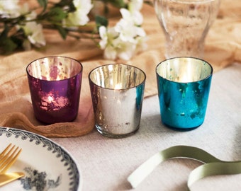 Set of Three Multicoloured Glass Tea Light Holder - Vintage Style Candle Holder - Rustic Metallic Tealight Holders - Candle Holder