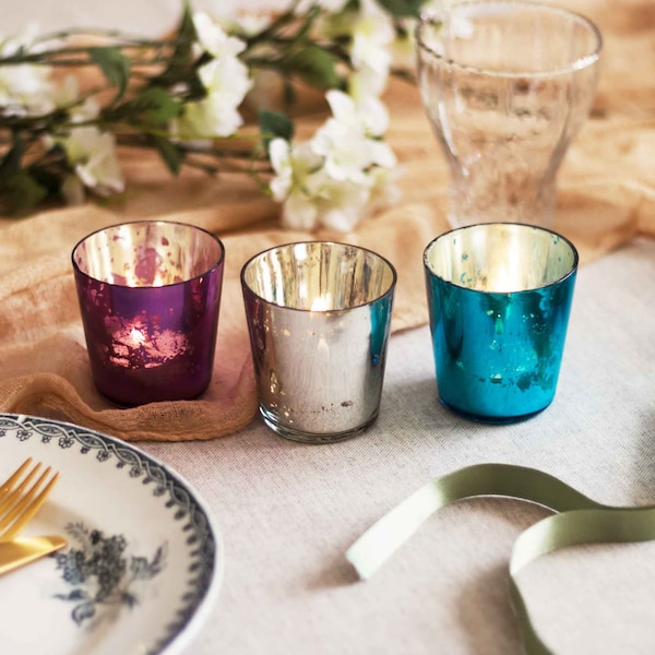 Set of Three Multicoloured Glass Tea Light Holder - Vintage Style Candle Holder - Rustic Metallic Tealight Holders - Candle Holder