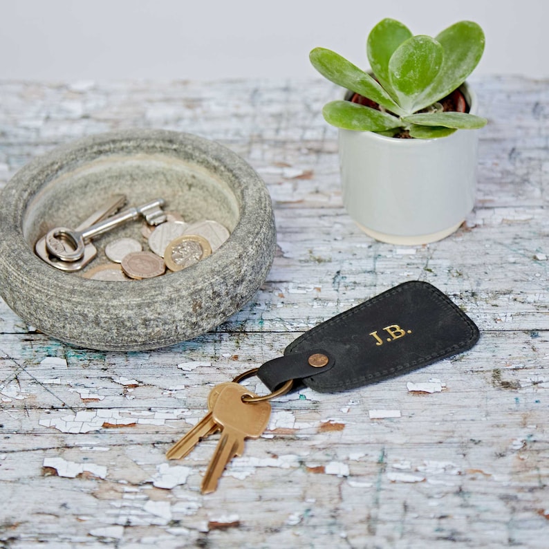 Personalised Black Buffalo Leather Tag Keyring Embossed Personalized Keychain Gift Recycled Leather Key Fob Initials Black Keyring image 2