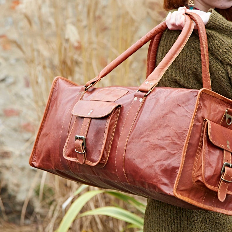 Reworked Personalised Recycled Leather Weekend Bag Extra Large Brown Leather Gym Holdall Duffle Bag Overnight Travel Bag for Him image 2