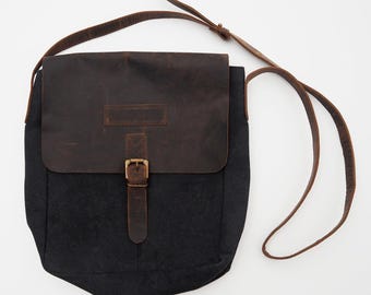 Reworked Personalised Black Canvas & Buffalo Leather Sling Bag: Handmade Crossbody