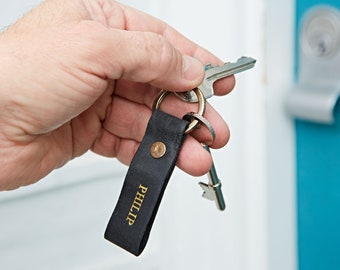 Personalised Black Buffalo Leather Loop Keyring | Embossed Personalized Keychain Gift | Key Fob with Personalisation