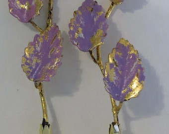Vintage Italian Tole Leaf Lamp Finials, Pale Lilac Gold Brass Pair