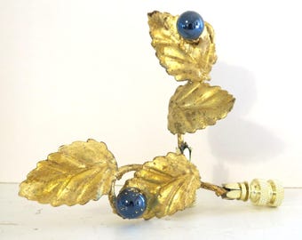 Vintage Italian Tole Leaf Lamp Finials, Absolutely Unique, Blue Glass and Gold, Pair
