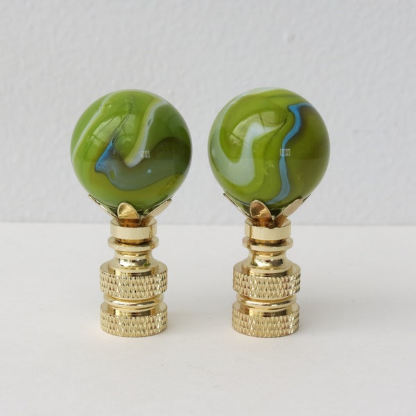 Italian Murano Blown Art Glass Table Lamp Finials, a pair. Chartreuse Green with White/Blue Swirls.