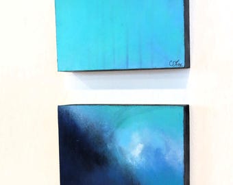 Small Oil Painting Set, Blue Aqua Modern Abstracts on Wood