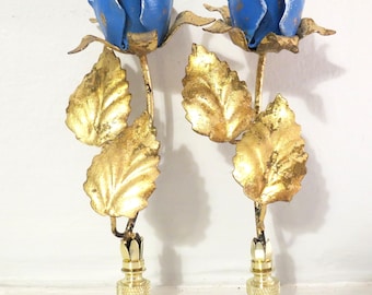 Dramatic Cornflower Blue Vintage Tole Rose Lamp Finials, a pair.