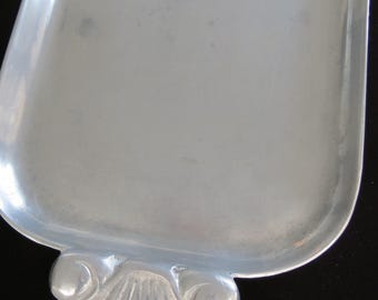 Vintage Decorative Pewter Rectangular Serving Platter with Scalloped Design Details