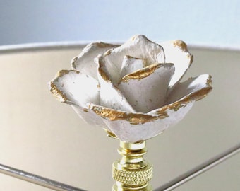 Vintage Italian Porcelain Rose Lamp Finials, Ivory with Gold Leaf (Pair)