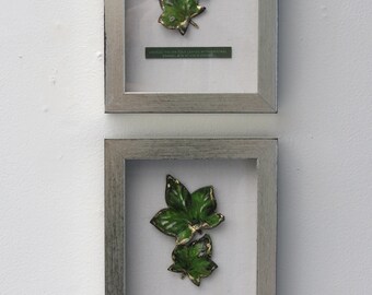 Vintage Italian Patina Finish Tole Leaves with Gold Leaf Details in Shadowboxed Frames, a pair.
