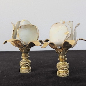 Vintage Italian Tole Rose Lamp Finials, Ivory White & Gold Leaf Patina. Luxury, MCM, Shabby Chic, a pair!