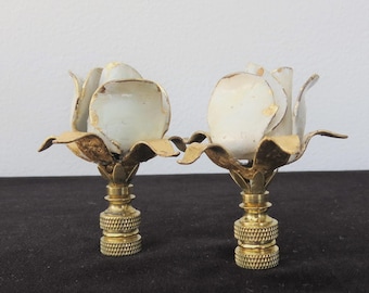 Vintage Italian Tole Rose Lamp Finial, Ivory White & Gold Leaf Pair