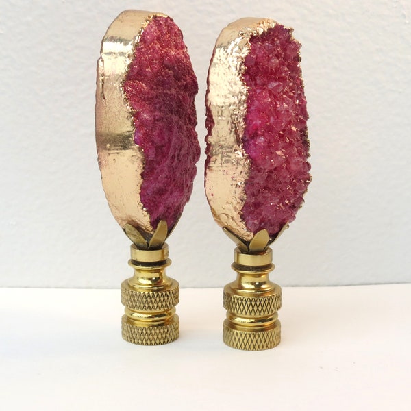 Luxury Hollywood Regency Raspberry Pink and 14 KT Gold Geode Lamp Finials by C. Damien Fox