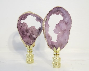 Lilac and 14KT Gold Leaf Geode Lamp Finials, a pair.